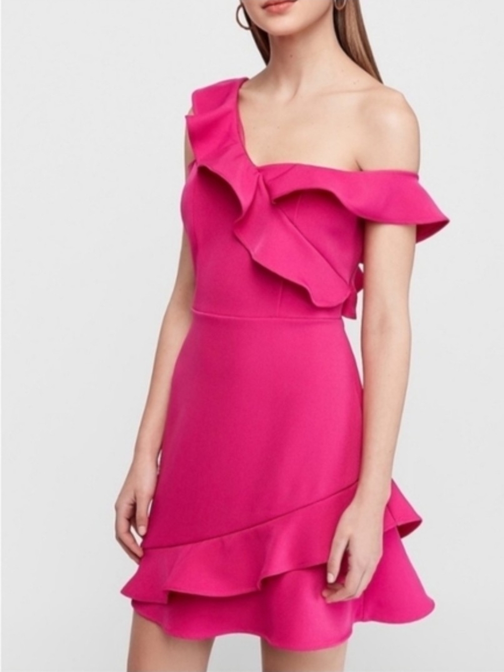 NWT Express Pink/Fushia Ruffle Off-The-Shoulder Sheath Mini Dress Medium